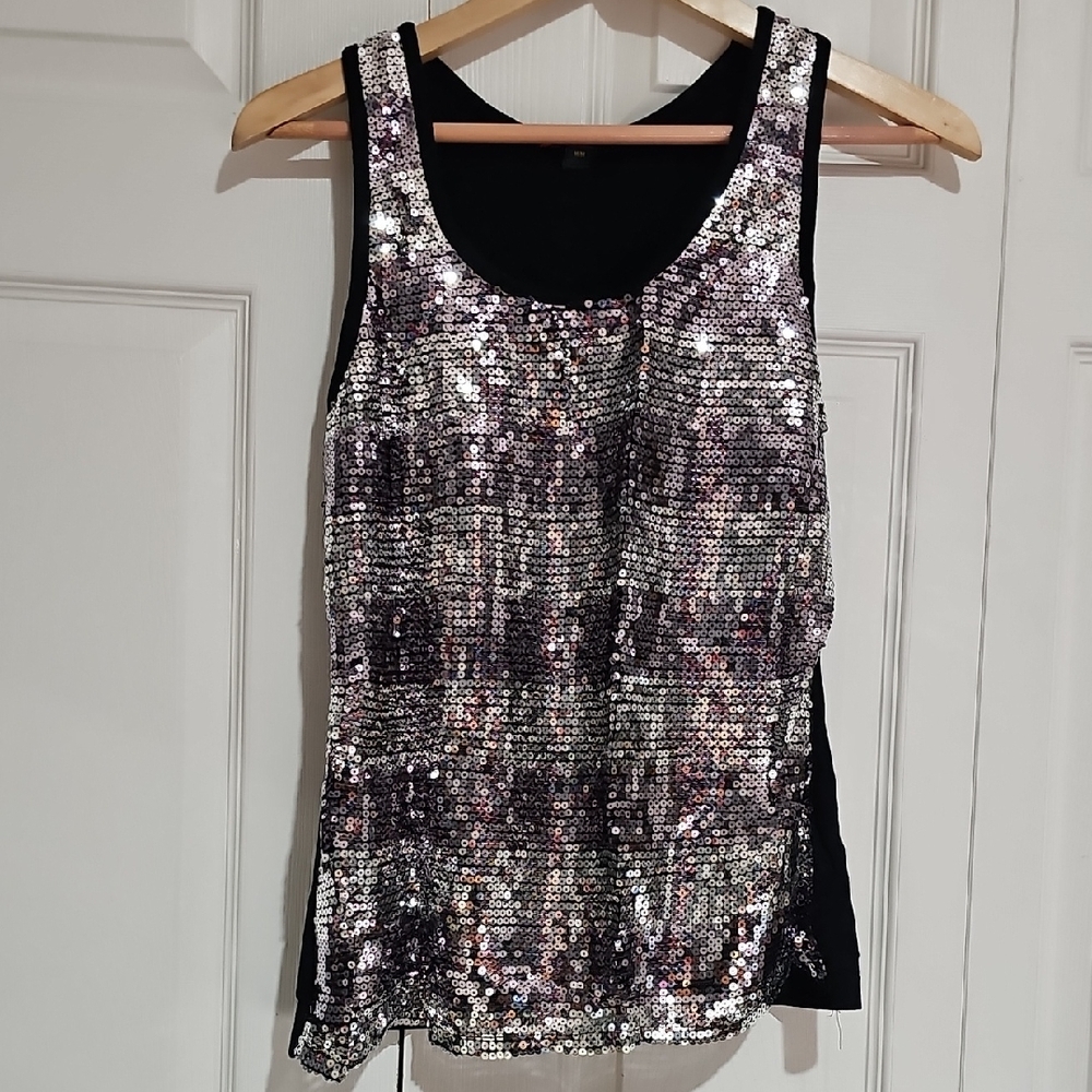 Forever 21 Sequin Sleeveless Tank Top Black Silver Women’s Size M